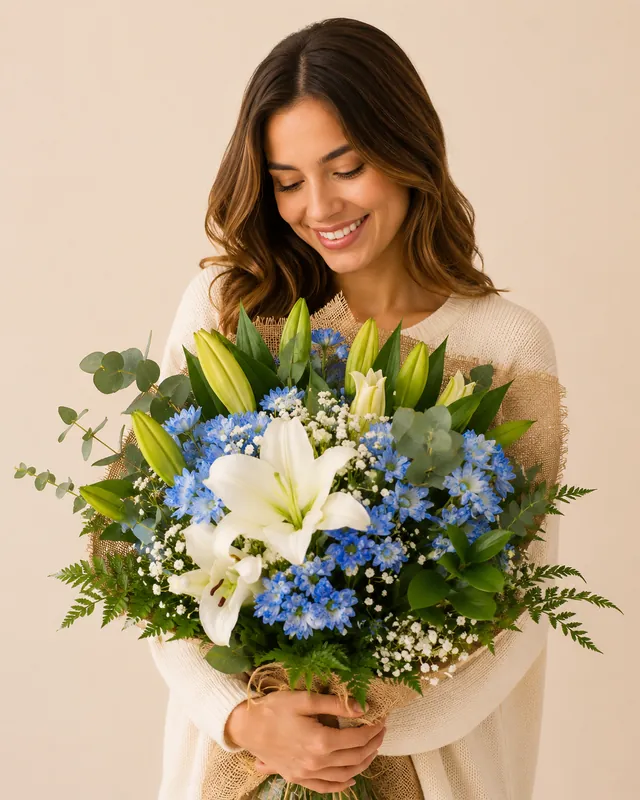 Ramo de Lirios y Flores Azules